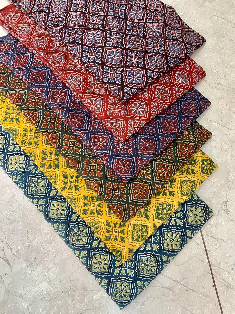 Ajrakh pure cotton handblock printed fabric with multicolour geometric handblock patterns